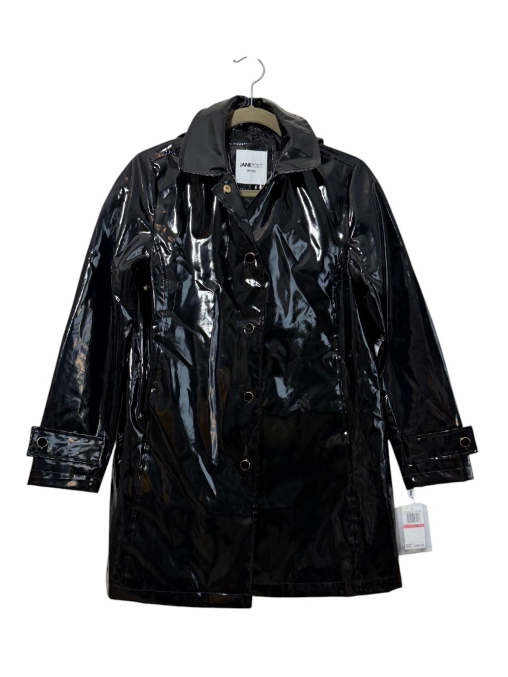 NWT JANEPOST Glossy Patent Raincoat Detachable Hood Black Size XS $395